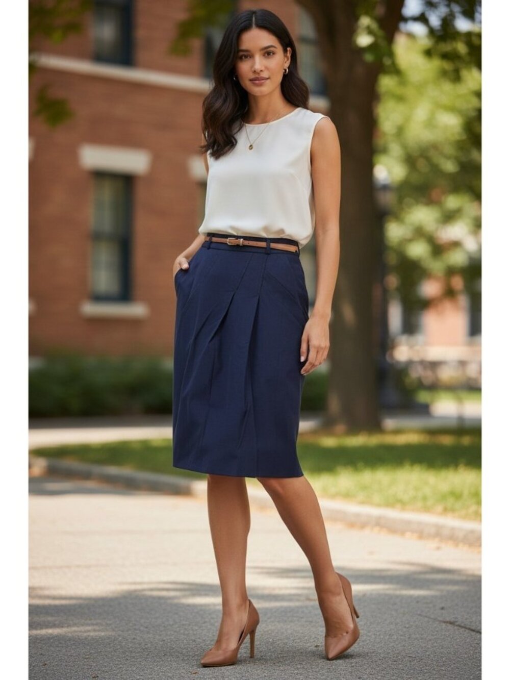 Brunello Cucinelli Navy Blue Pleated Tulip Knee Skirt Sz M Italy Luxury Stretch